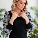  Flower Puff Sleeve Ribbed Knit Top | S-XL