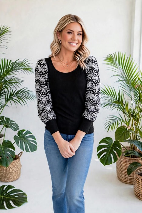 Flower Puff Sleeve Ribbed Knit Top | S-XL