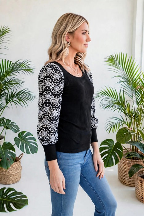 Flower Puff Sleeve Ribbed Knit Top | S-XL