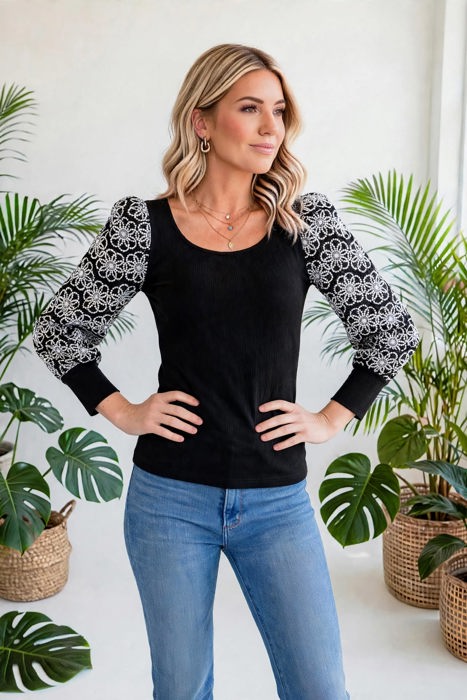 Flower Puff Sleeve Ribbed Knit Top | S-XL