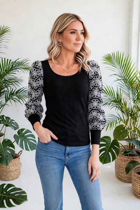 Flower Puff Sleeve Ribbed Knit Top | S-XL