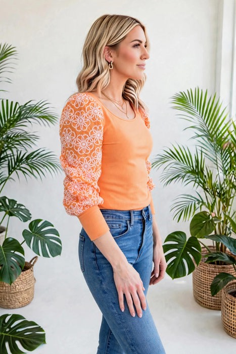 Flower Puff Sleeve Ribbed Knit Top | S-XL