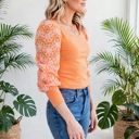  Flower Puff Sleeve Ribbed Knit Top | S-XL