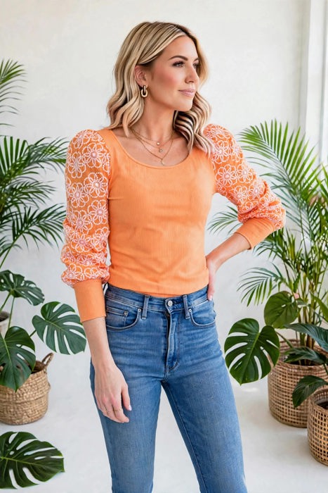 Flower Puff Sleeve Ribbed Knit Top | S-XL