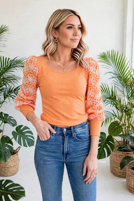 Flower Puff Sleeve Ribbed Knit Top | S-XL