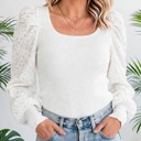 Small White Flower Puff Sleeve Ribbed Knit Top | S-XL