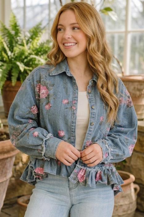 Floral Print Ruffle Hem Denim Jacket | S-XL