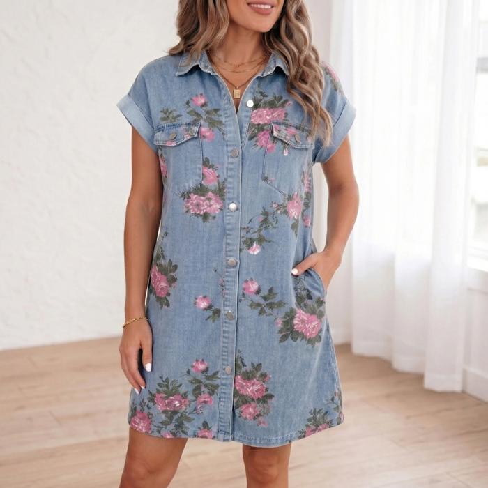 Floral Print Denim Button-Down Shift Dress | S-XL