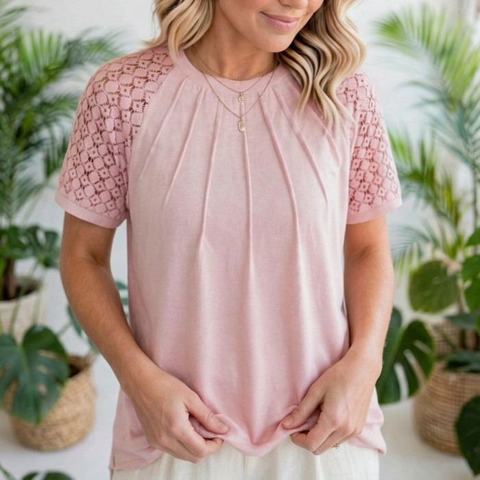 Seamed Detail Contrast Lace Raglan Sleeve Top | S-XL