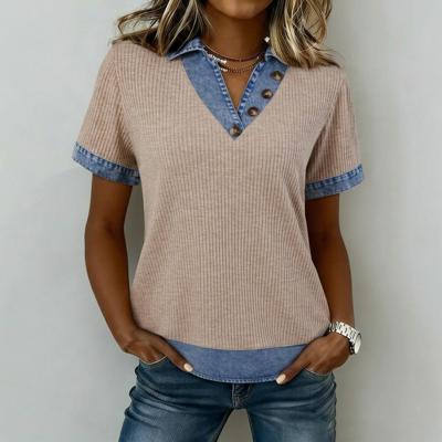 Ribbed Knit Denim Color Block Collared Blouse | S-XL