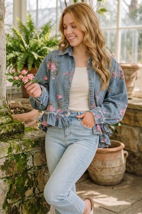 Floral Print Ruffle Hem Denim Jacket | S-XL