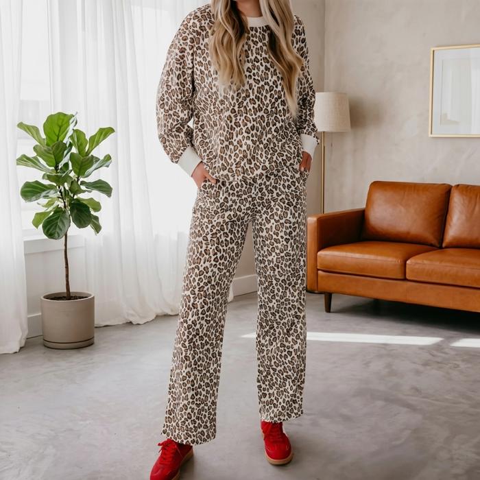 Leopard Print Embroidered Colorblock Pant Set | S-XL