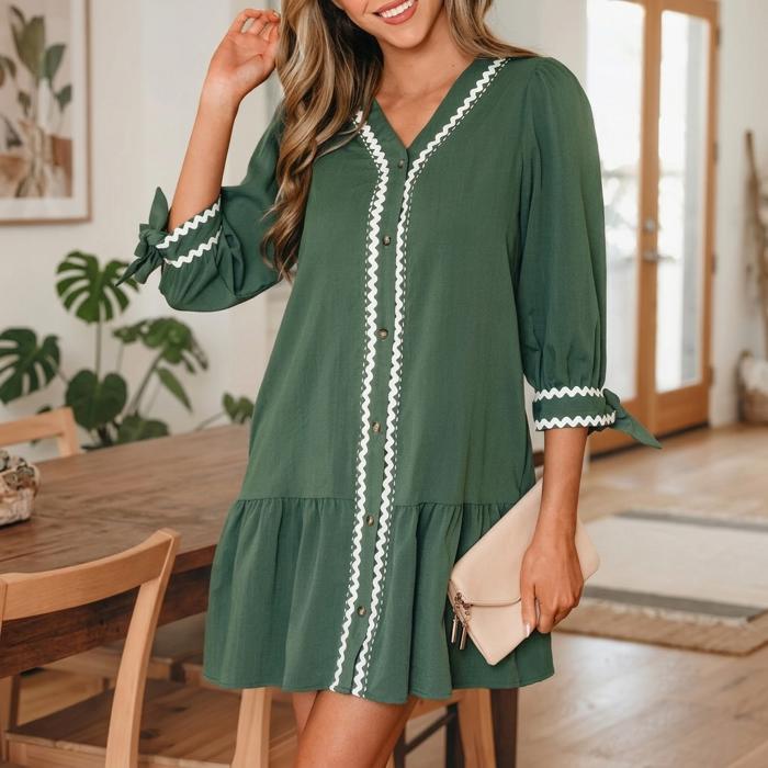 Contrast Ric Rac Trim Button V-Neck Shift Dress | S-XL