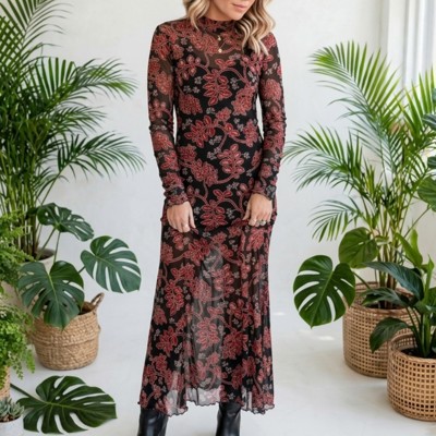 Midnight Bloom Retro Floral Mesh Dress