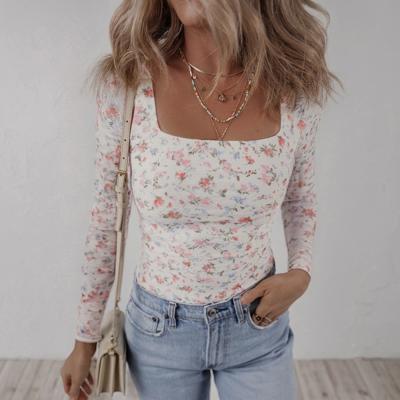 Floral Print Textured Square Neck Long Sleeve Top | S-XL