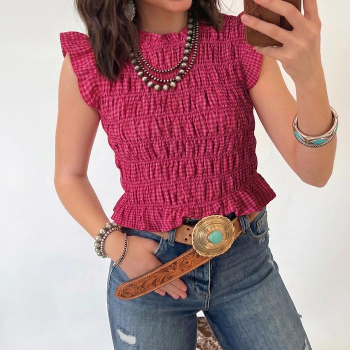 Shirred Plaid Trim Tank | S-XL