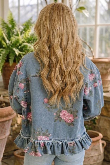 Floral Print Ruffle Hem Denim Jacket | S-XL