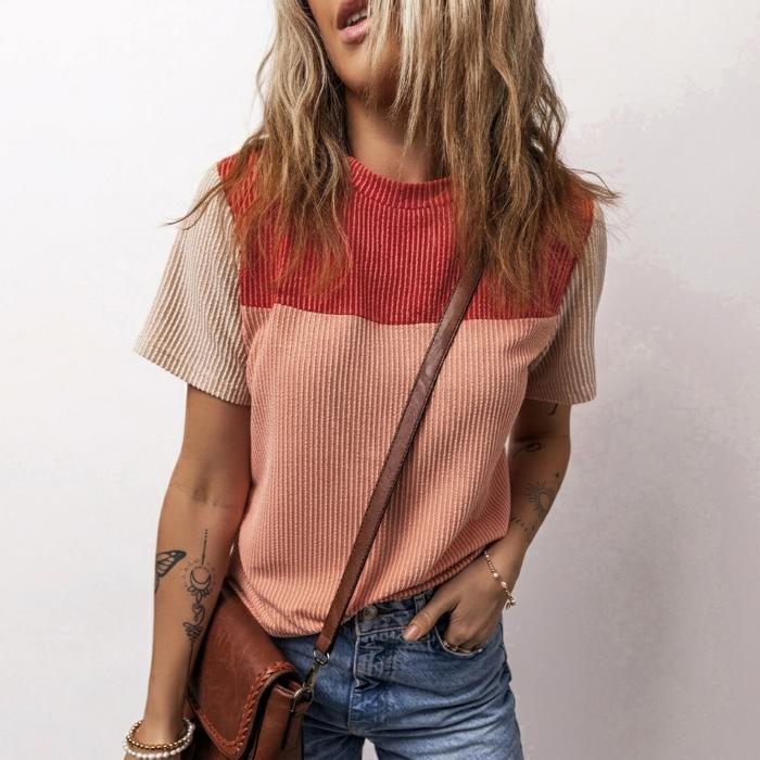 Rib Textured Colorblock Short Sleeve Top | S-XL