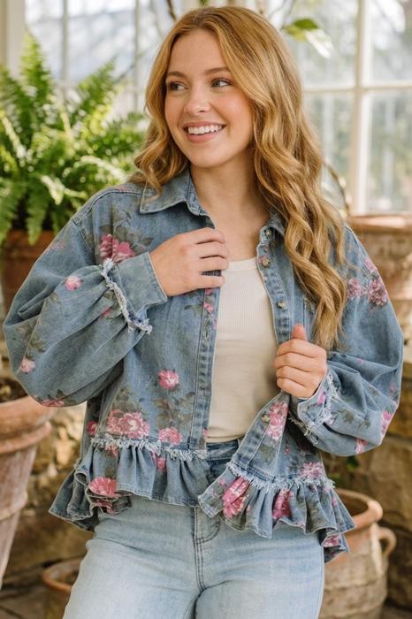 Floral Print Ruffle Hem Denim Jacket | S-XL