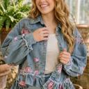  Floral Print Ruffle Hem Denim Jacket | S-XL