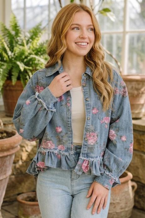 Floral Print Ruffle Hem Denim Jacket | S-XL