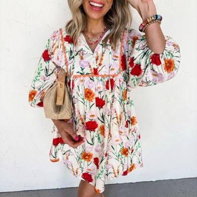 Floral Print Ricrac Trim Puff Sleeve Mini Dress | S-XL