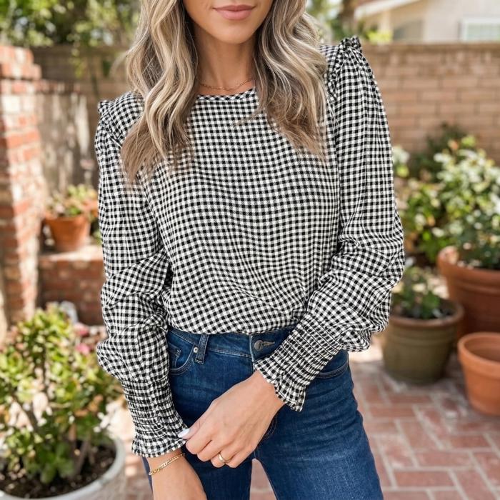 Plaid Shirred Cuff Long Sleeve Blouse | S-XL