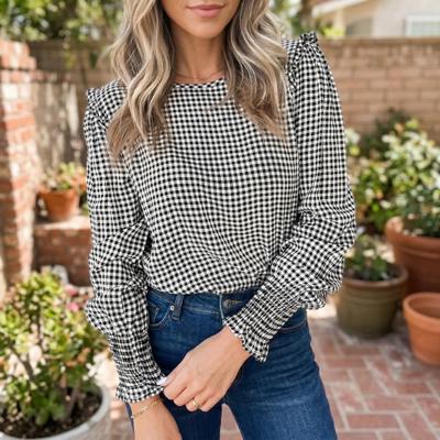 Plaid Shirred Cuff Long Sleeve Blouse | S-XL