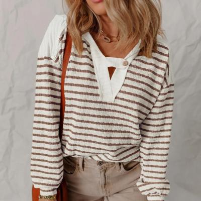 Striped Textured Hooded V-Neck Long Sleeve Top | S-XL