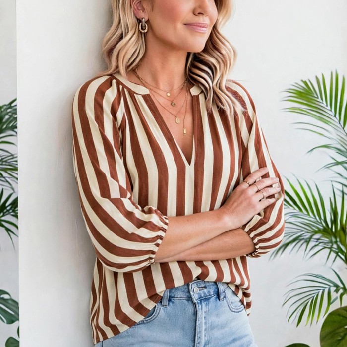 Rivelle Stripe V Neck Half Sleeve Blouse | S-XL