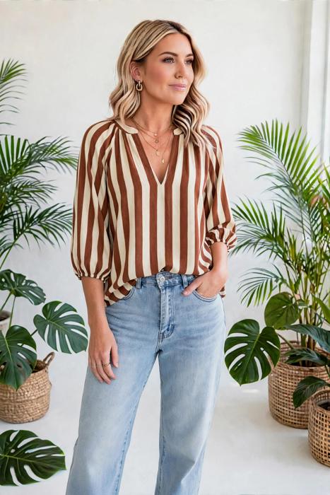 Rivelle Stripe V Neck Half Sleeve Blouse | S-XL