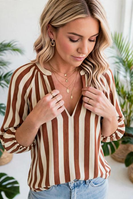 Rivelle Stripe V Neck Half Sleeve Blouse | S-XL