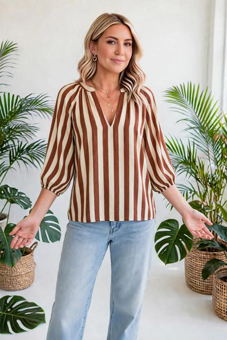 Rivelle Stripe V Neck Half Sleeve Blouse | S-XL