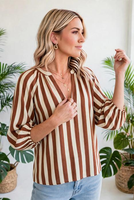 Rivelle Stripe V Neck Half Sleeve Blouse | S-XL