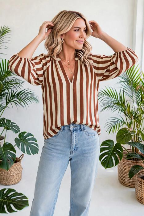 Rivelle Stripe V Neck Half Sleeve Blouse | S-XL