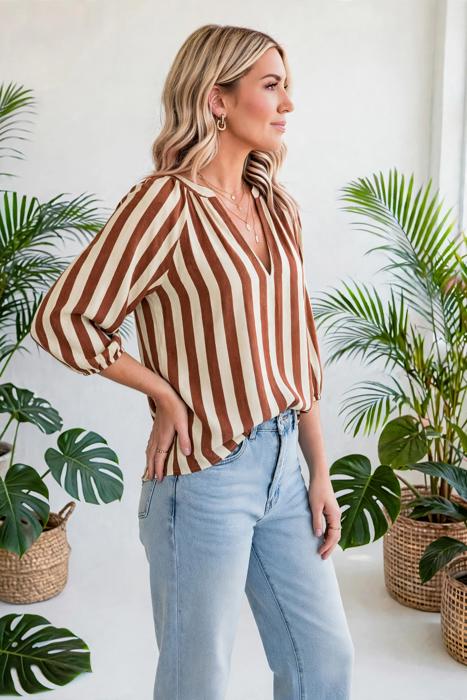 Rivelle Stripe V Neck Half Sleeve Blouse | S-XL