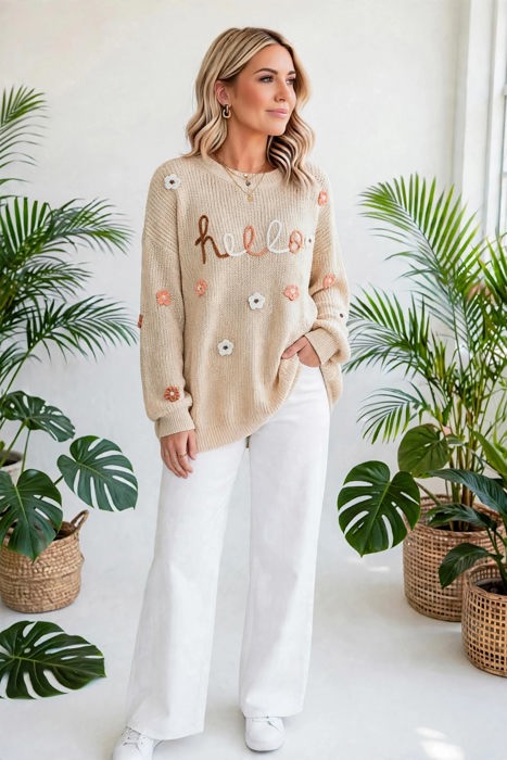 Hello Fall Embroidered Knit Loose Sweater | S-XL