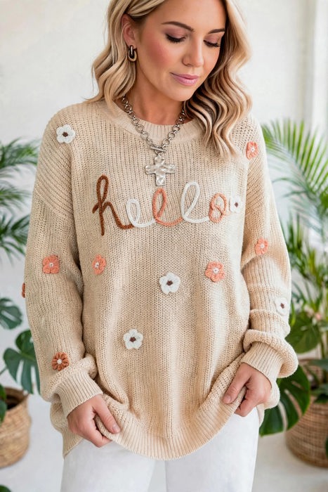Hello Fall Embroidered Knit Loose Sweater | S-XL
