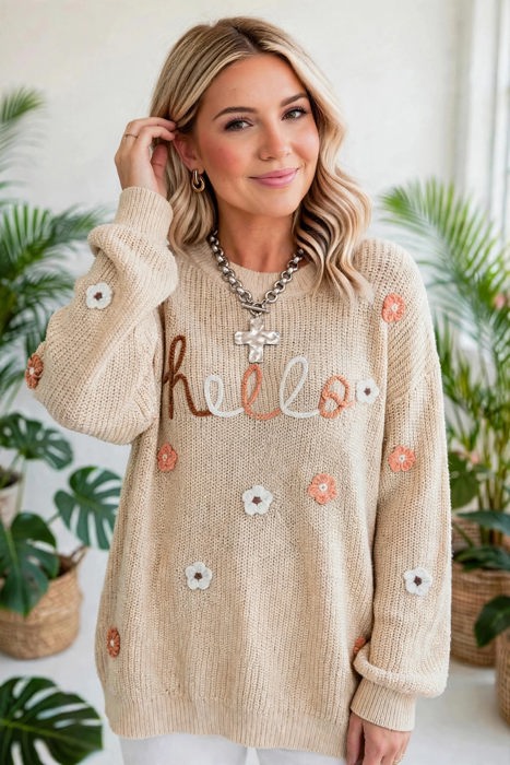 Hello Fall Embroidered Knit Loose Sweater | S-XL