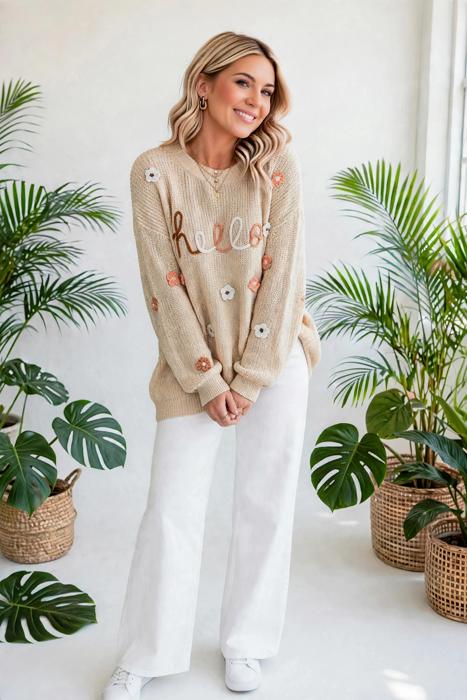 Hello Fall Embroidered Knit Loose Sweater | S-XL