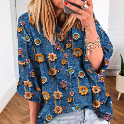 Spring Boho Bloom Print Roll Up Sleeve Blouse | S-XL
