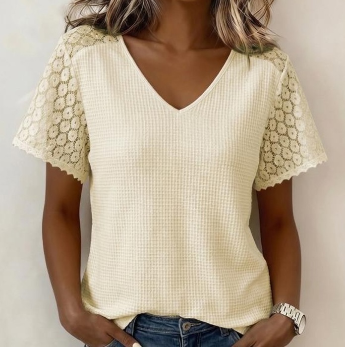 Lace Trim Cutout V-Neck Waffle Knit Button Blouse | S-XL