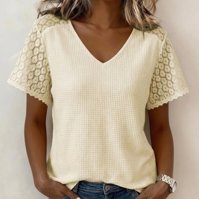 Lace Trim Cutout V-Neck Waffle Knit Button Blouse | S-XL