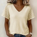  Lace Trim Cutout V-Neck Waffle Knit Button Blouse | S-XL