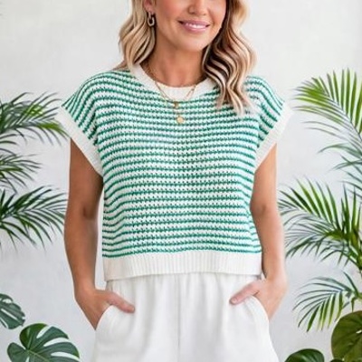 Elara Striped Ribbed Trim Loose Fit Knitted Vest | S-XL