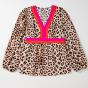  Cheetah Color Block V Neck Balloon Sleeve Babydoll Blouse | S-XL