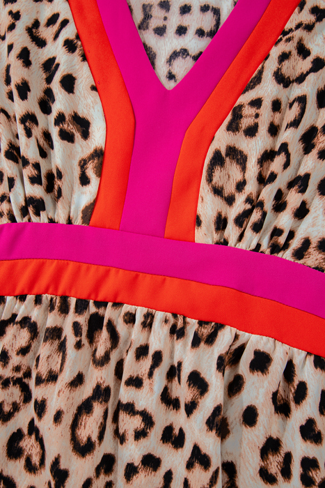 Cheetah Color Block V Neck Balloon Sleeve Babydoll Blouse | S-XL