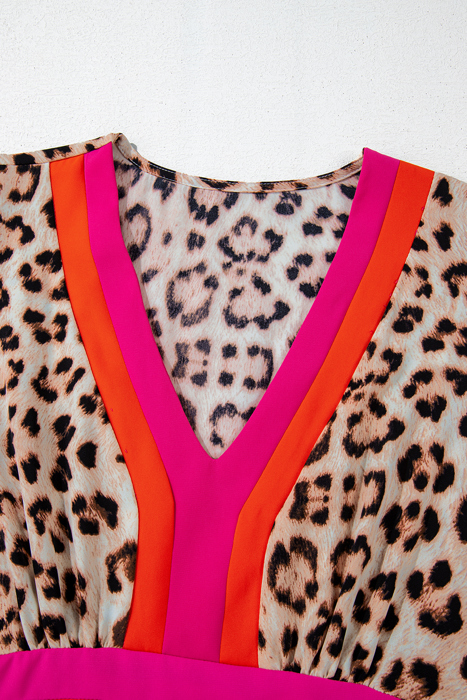 Cheetah Color Block V Neck Balloon Sleeve Babydoll Blouse | S-XL