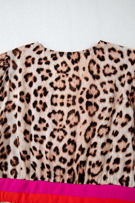Cheetah Color Block V Neck Balloon Sleeve Babydoll Blouse | S-XL