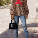  Cheetah Color Block V Neck Balloon Sleeve Babydoll Blouse | S-XL